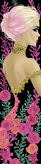 Free mermaid bookmark showing a mermaid with a floral dress on a black background